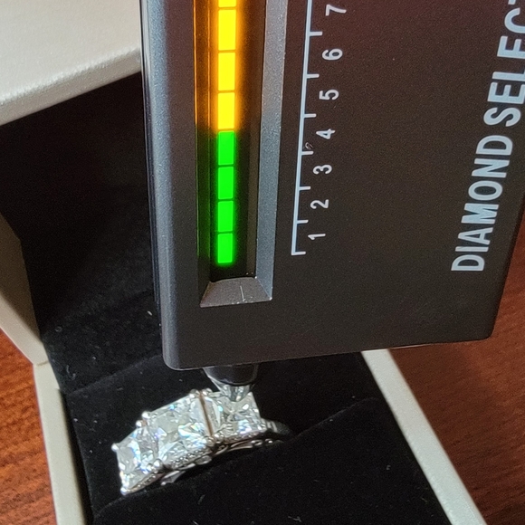 7 carat Three Stone Princess Cut Moissanite Wedding Engagement Ring and Band Set - Picture 6 of 7